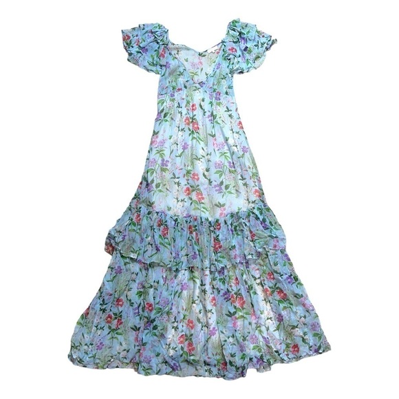 byTiMo Light Blue Floral Chiffon Ruffled Short Sleeve Maxi Dress US S